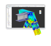 La imagen muestra una representación detallada de un análisis de conexión de acero y el proceso de diseño, incluidas la distribución de cargas.