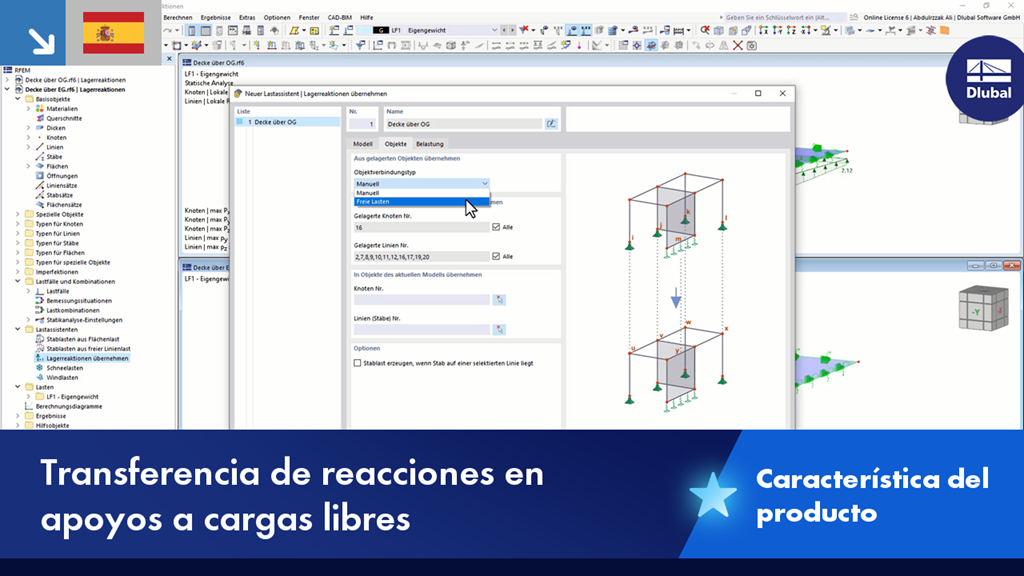 Visualización de la transferencia de reacciones de apoyo a cargas libres en estructuras.