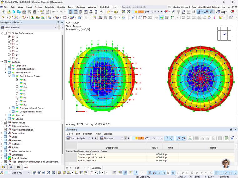 Pregunta frecuente 005610 | ¿Es posible ver los resultados del análisis tangencial y radial y los requisitos de armadura en lugar de ortogonales para una losa circular?