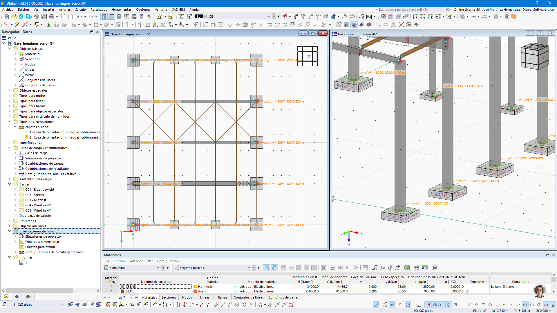 Modelo de cálculo de RFEM 6 con cimentaciones de hormigón digitalizadas