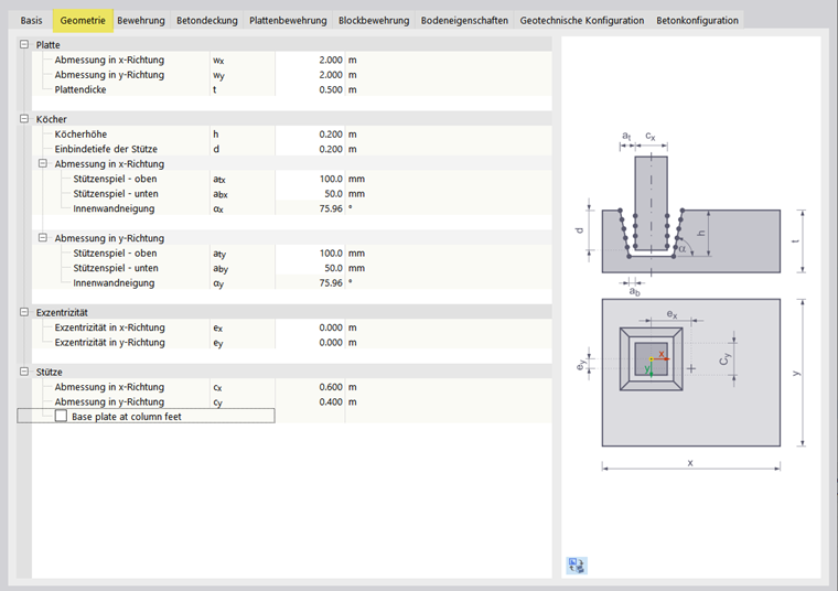 Representación de una cimentación en bloque con caras del cáliz rugosas en la pestaña Geometría.