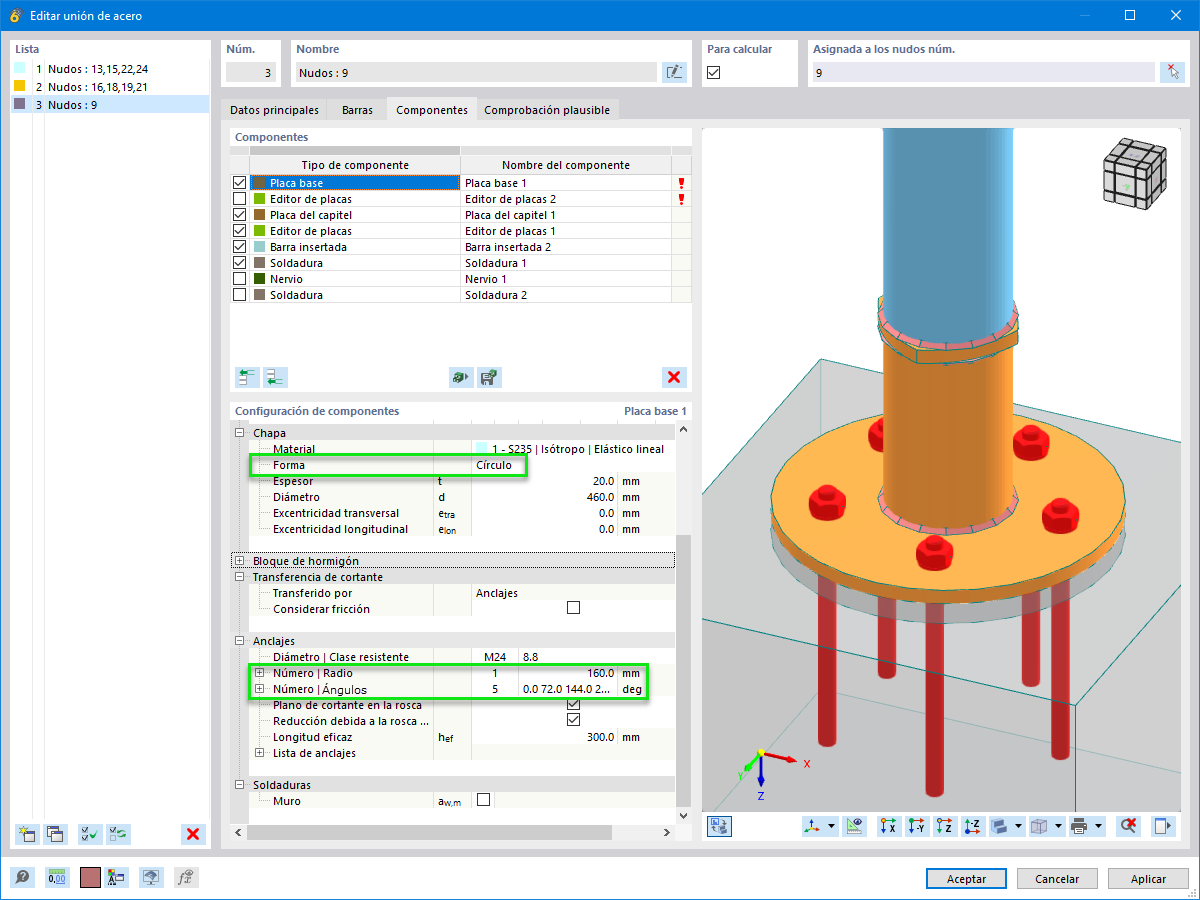 Característica 002924 | Disposición circular de los puntos de anclaje en una placa base | Unión de acero, disposición de los pernos, circular