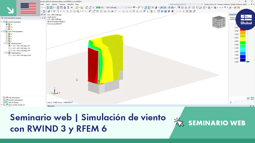 Webinar graphic featuring wind simulation with RWIND 3 and RFEM 6 technologies.