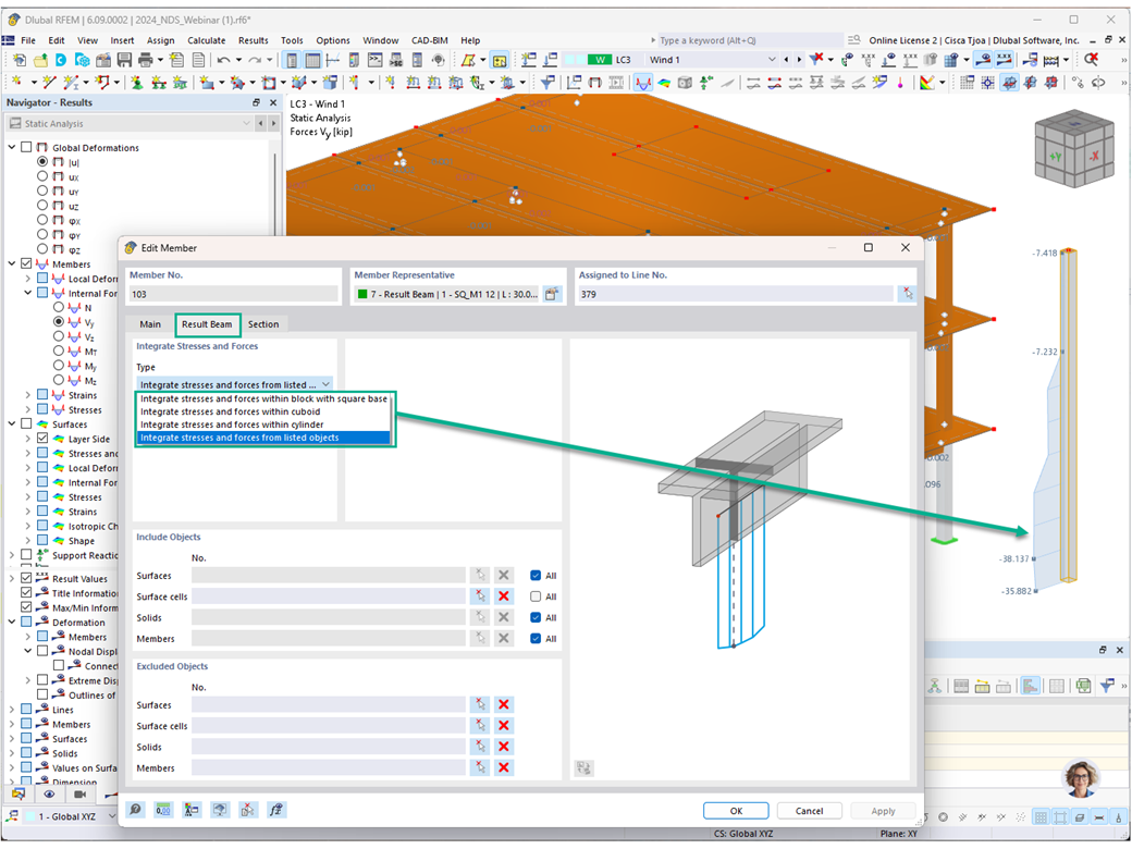 Representación técnica del tipo de barra Línea de resultados en RFEM, característica 002926.