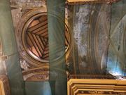 Cúpula y bóveda del Templo San Francisco en proceso de restauración, con mallas de protección y deterioro en pintura y estructura