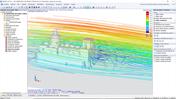 Simulación de flujo de viento en estructura con líneas de corriente y vórtices indicados por color