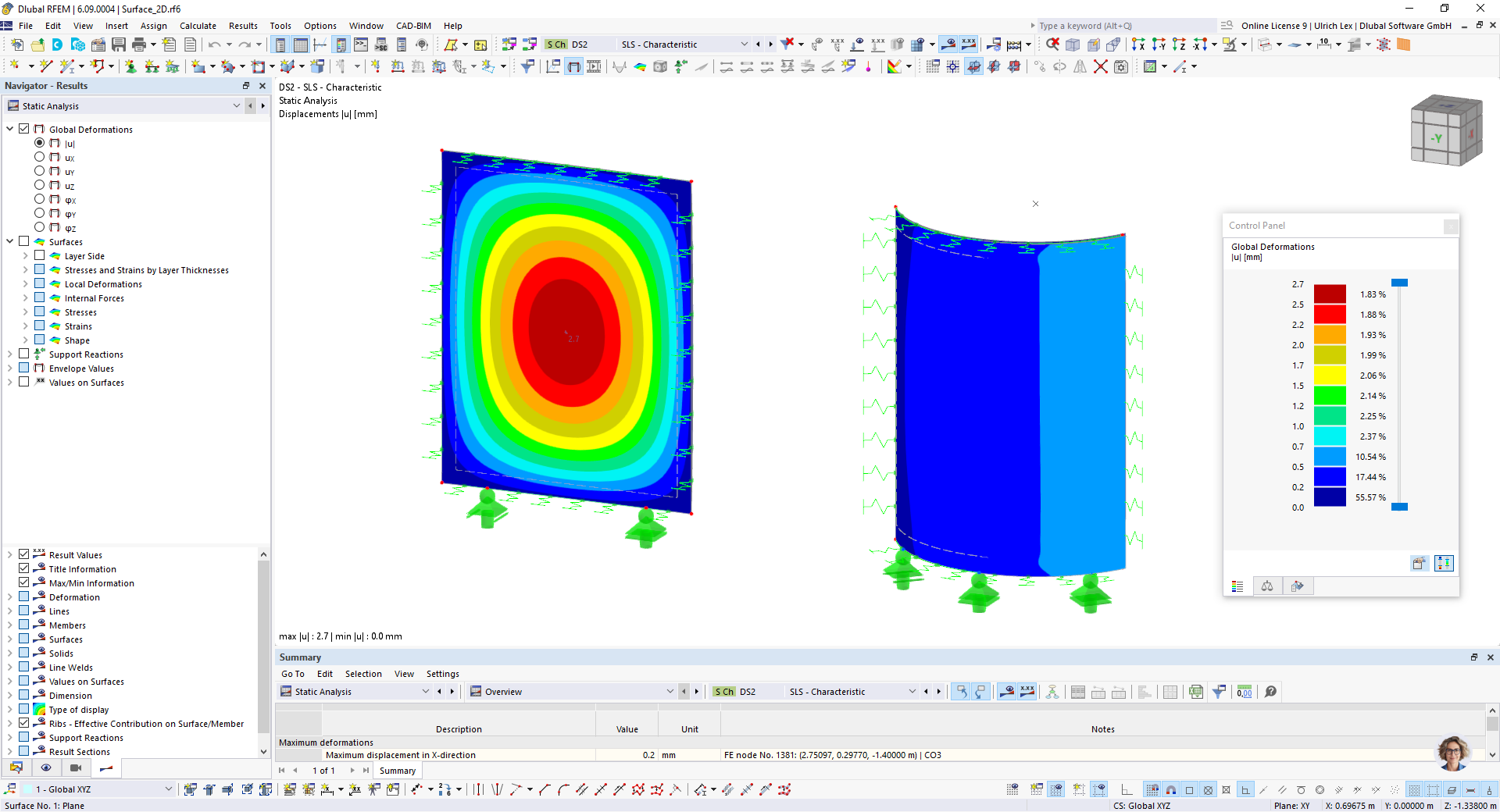 Modelo calculado de un panel de vidrio curvado con el cálculo detallado del panel