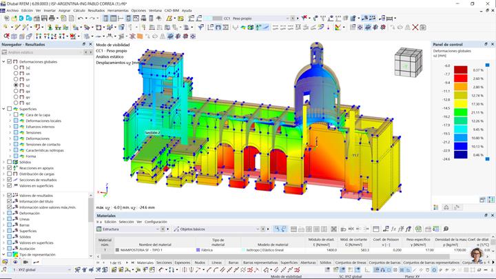 Modelo de iglesia con escala de colores que muestra desplazamientos | análisis de deformaciones globales