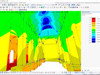 Vista interior de iglesia | Desplazamientos diferenciados en bóveda y pilares indicados por escala de colores