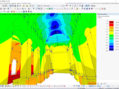 Vista interior de iglesia | Desplazamientos diferenciados en bóveda y pilares indicados por escala de colores