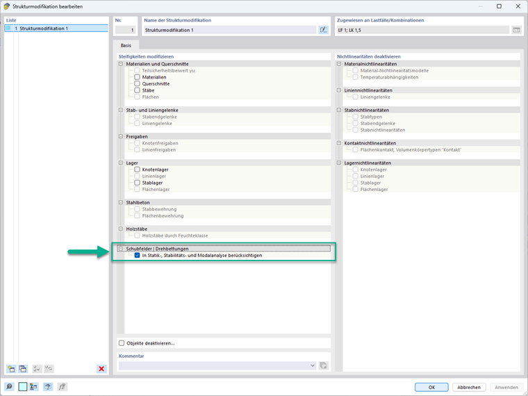 FAQ 005654 | Cuadro de diálogo de RFEM para modificación estructural con la opción activa para panel de cortante y coacción al giro que considera las deformaciones en el análisis estructural, de estabilidad y modal
