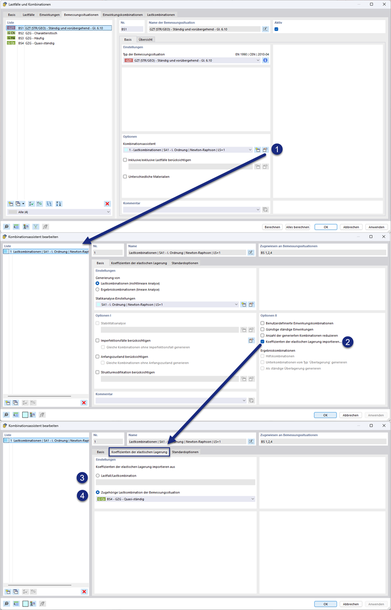 Asistente para combinaciones con importación de coeficientes de apoyo elástico