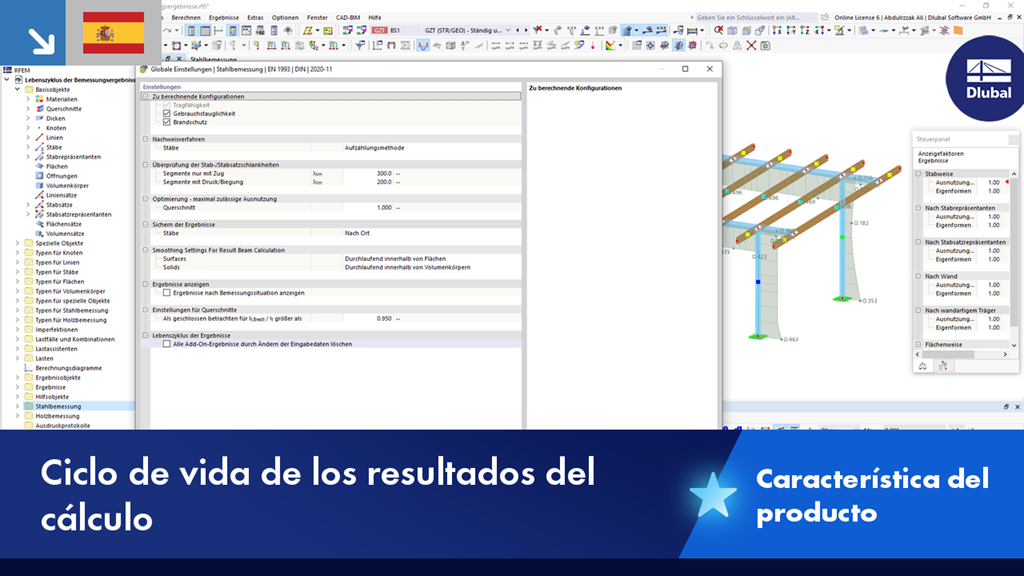 Función de ciclo de vida de resultados de cálculo para acero y madera