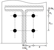 Diagrama de dimensiones clave de T-stub en fila 2 para análisis de unión de acero
