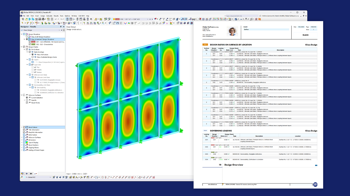 Impresión del modelo de RFEM 6 con detalles de análisis del módulo de fachada de vidrio