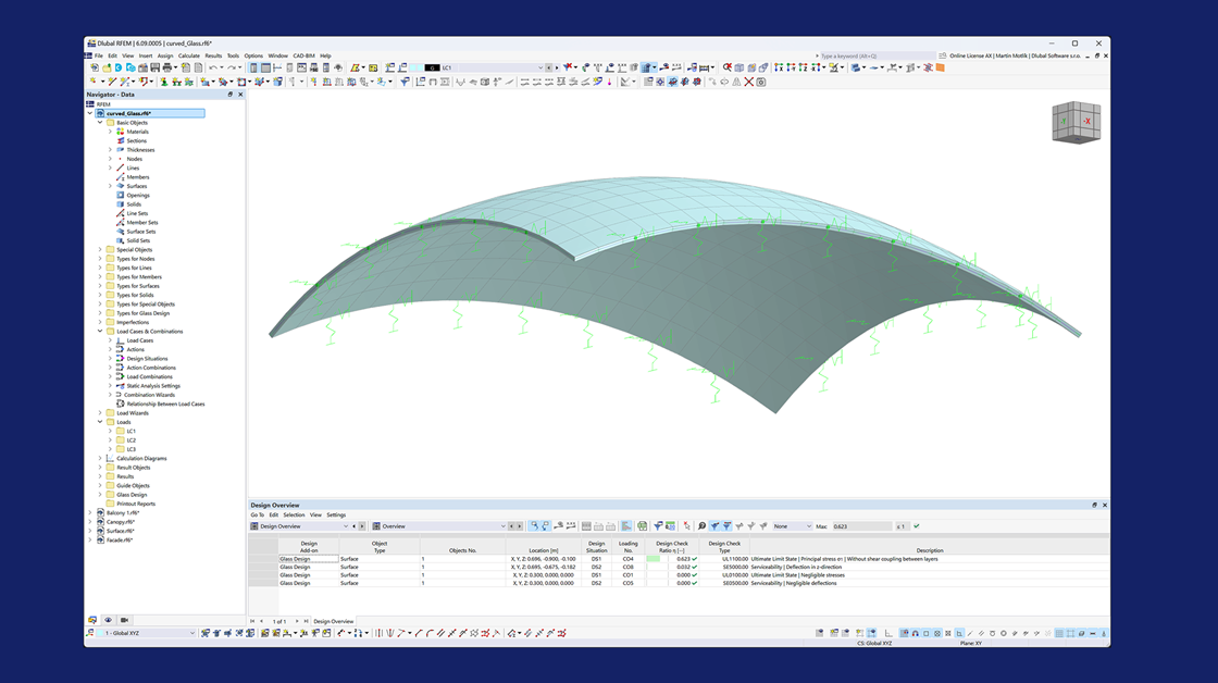 Superficie de vidrio curva demostrando modelado de geometría libre en complemento de RFEM 6