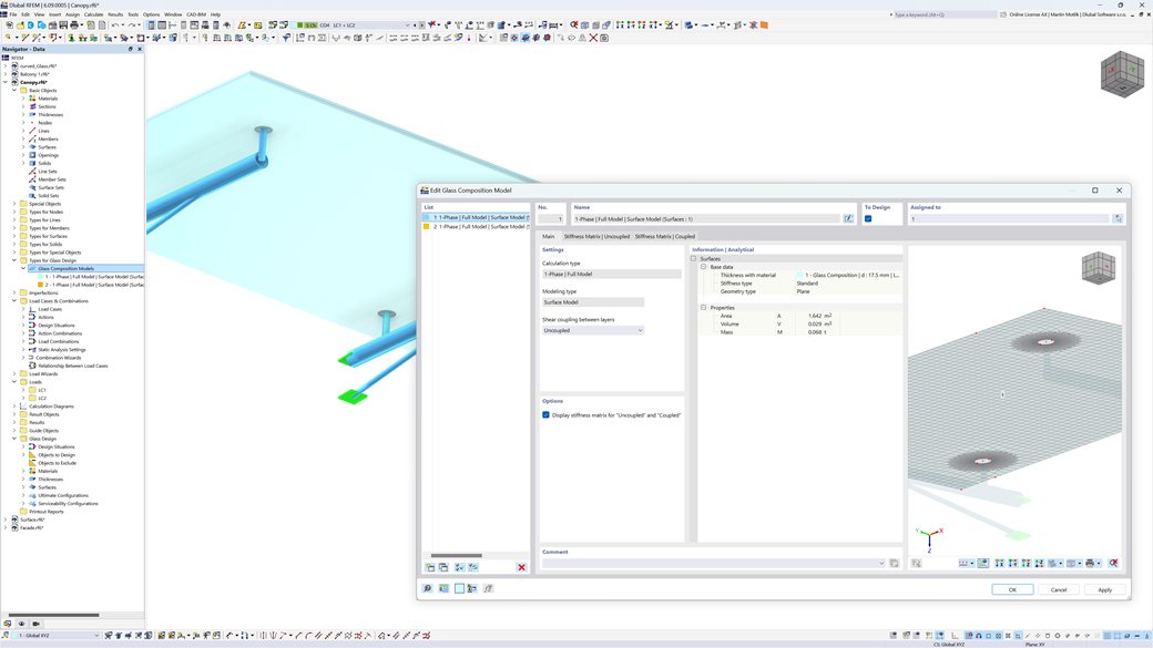 Interfaz de cuadro de diálogo que muestra un modelo de composición de vidrio con apoyos puntuales en complemento de RFEM 6