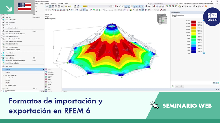 Imagen del seminario web que muestra las funcionalidades de importación y exportación de RFEM 6 con una visión general de la interfaz técnica