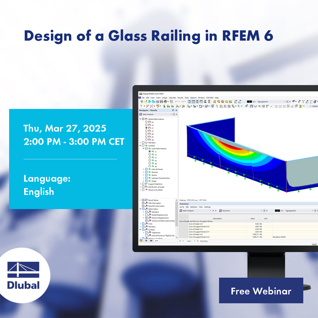 Ilustración del diseño de una barandilla de vidrio modelada en RFEM 6 con detalles del evento programado