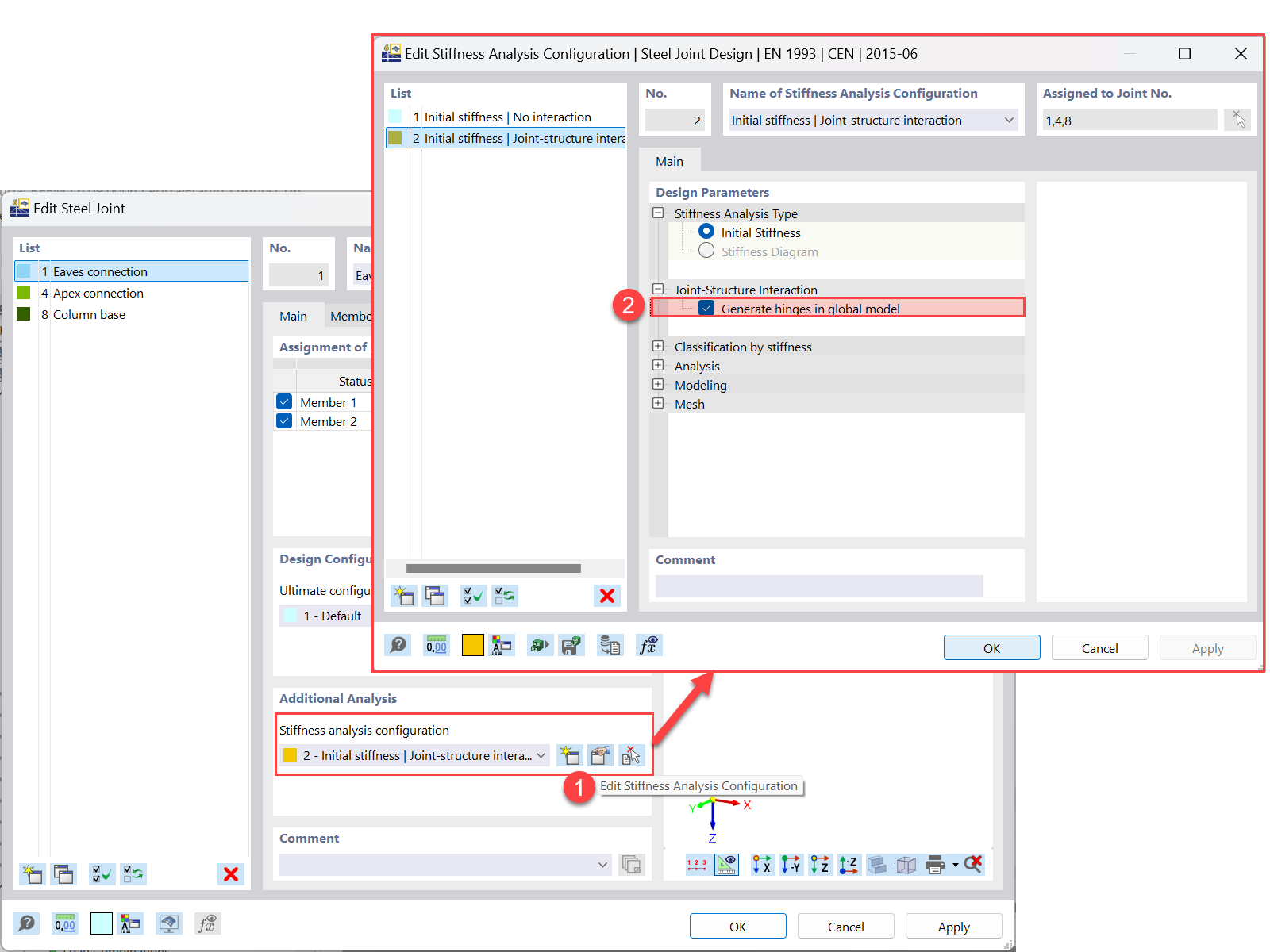 La imagen ilustra cómo interactúan la conexión y la estructura en un análisis de conexión de acero.