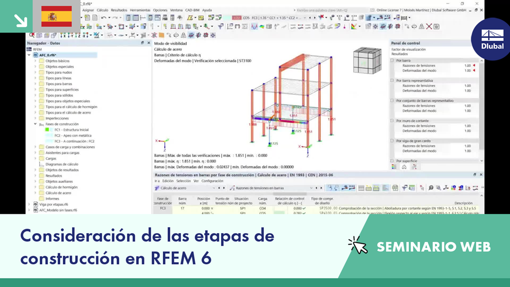 La imagen muestra un anuncio del seminario web sobre la consideración de las etapas de construcción en RFEM 6.
