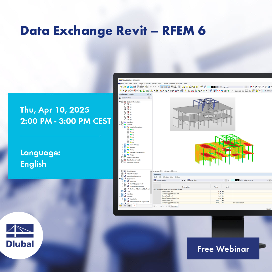 La imagen muestra detalles del evento para un seminario web sobre el intercambio de datos entre Revit y RFEM 6 programado el 10 de abril de 2025.