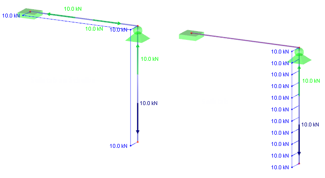 Modelado con barra de cable en rodillos (izquierda) y barras de cable (derecha): comparación de esfuerzos normales y reacciones en apoyos