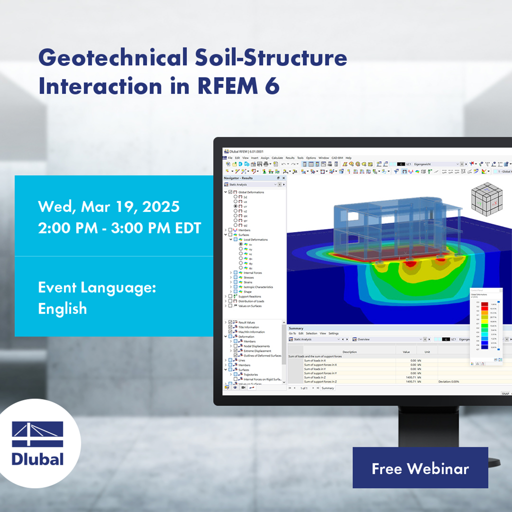 Esta imagen promociona un seminario web gratuito sobre interacción suelo-estructura geotécnica en RFEM 6.