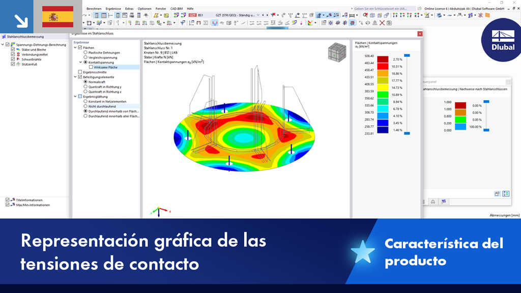 Representación de tensiones de contacto en una estructura, mostrada gráficamente en detalle con degradado de colores.