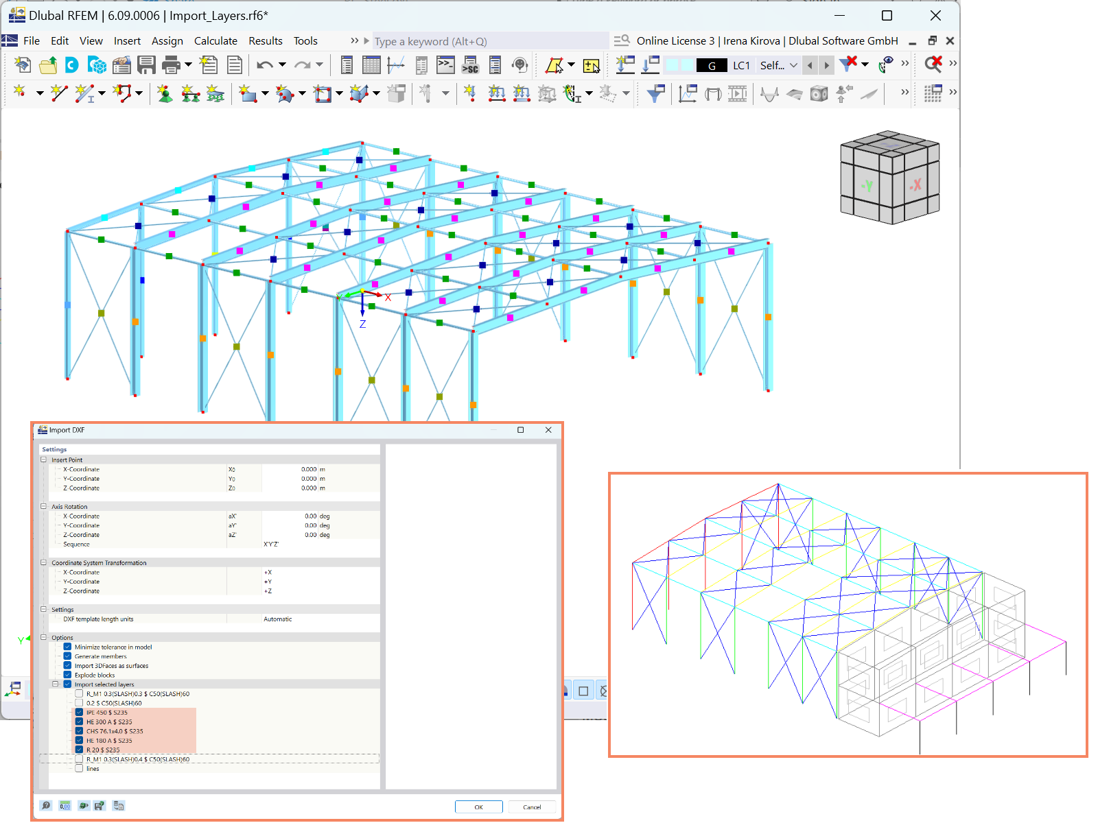 Importación de capas seleccionadas de archivos DXF en RFEM 6, mostrando la entrada centrada de componentes estructurales esenciales.