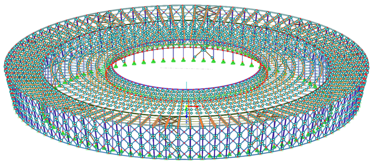 Simulación de construcción por fases de la estructura de cubierta de las gradas de un estadio de fútbol.