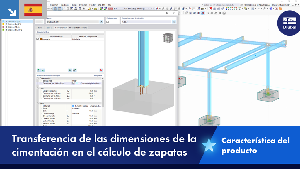 Visualización de la asunción de dimensiones individuales de cimentación en el cálculo de la base. Captura de pantalla de un cuadro de diálogo con campos de entrada opcionales para parámetros como ancho, largo y profundidad. Existen indicaciones visuales para el uso de estos parámetros en el cálculo estructural. Modelo de software de ingeniería profesional para apoyar el análisis estructural.