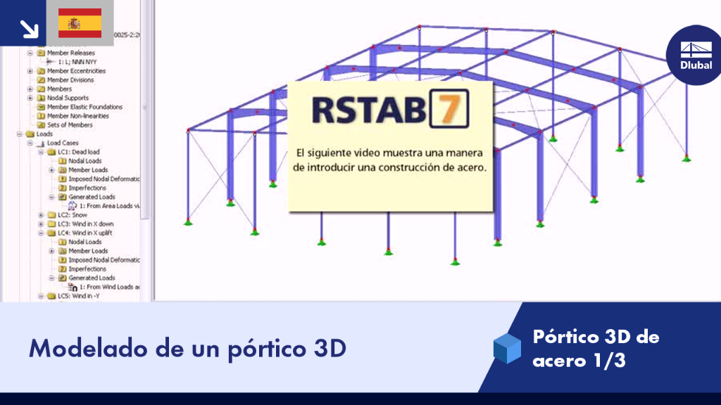 Modelo de pórtico de acero 3D en vista detallada estructural.