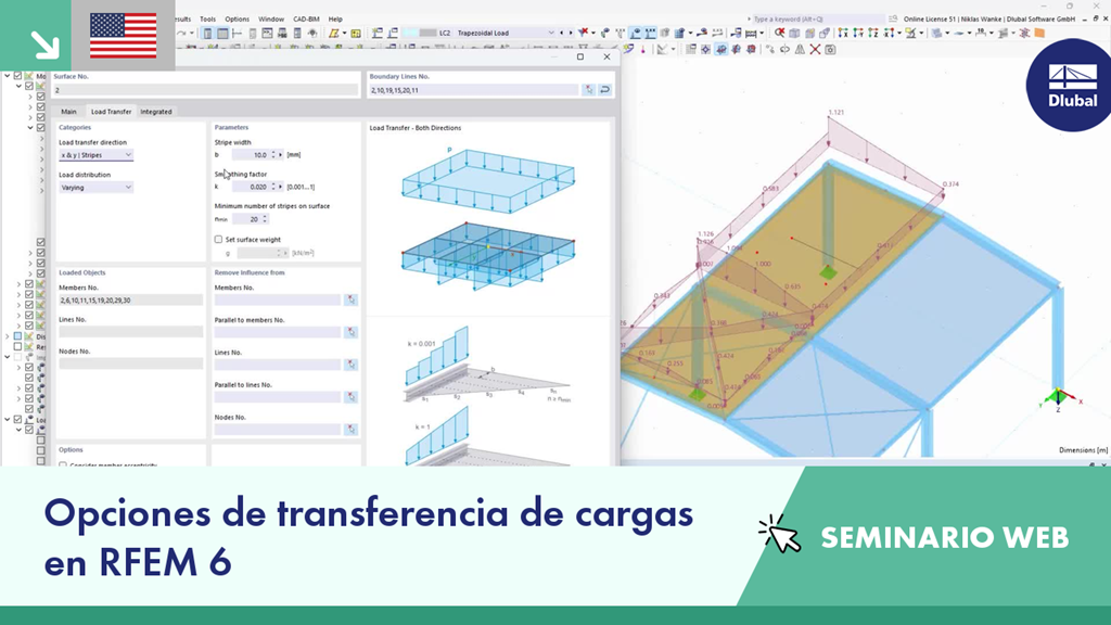 Descripción general de las opciones de transferencia de carga en RFEM 6 durante una sesión de seminario web.