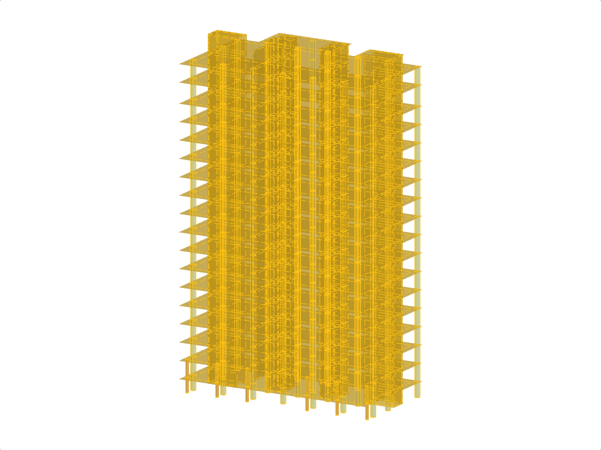 Modelo de simulación del edificio que muestra los métodos de cálculo de cargas de viento para pórticos monolíticos, centrándose en los enfoques metodológicos.