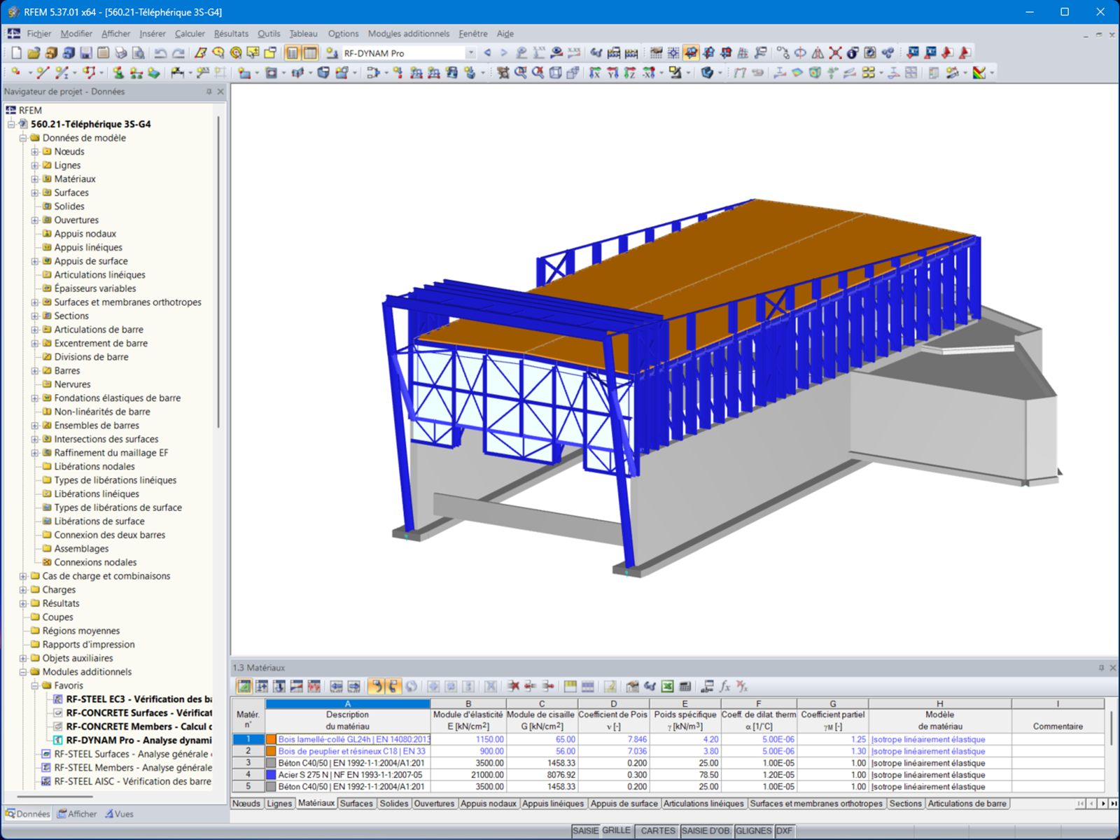Representación de la estación superior del teleférico 3S modelada en RFEM 5, mostrando componentes estructurales