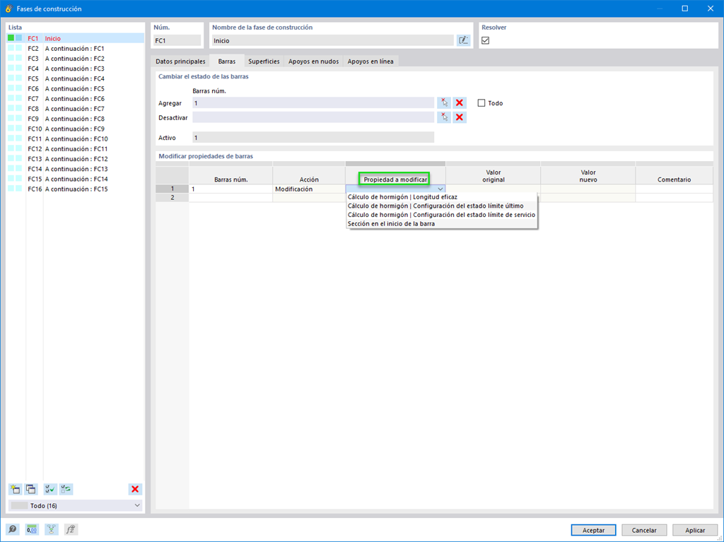 El análisis de etapas de construcción permite la modificación de propiedades de barras y superficies en distintas fases de construcción.