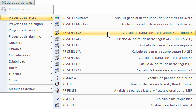 Se muestra el menú del módulo de extensión ESTRUCTURAS DE ACERO para RF-STEEL EC3.