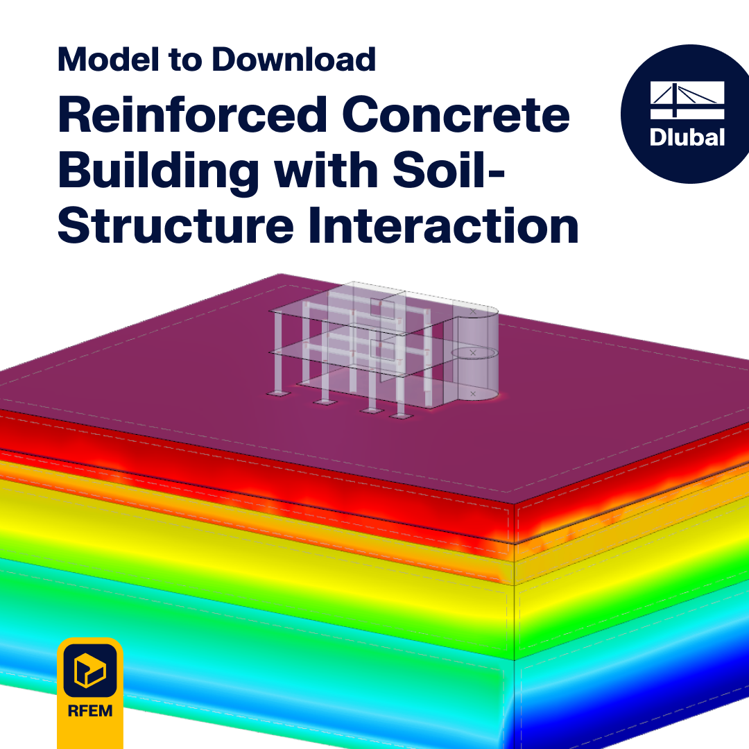 3D visualization of a reinforced concrete building model including soil-structure interaction components and reinforcement elements.