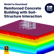 Visualización 3D de un modelo de edificio de hormigón armado con interacción suelo-estructura y refuerzos.