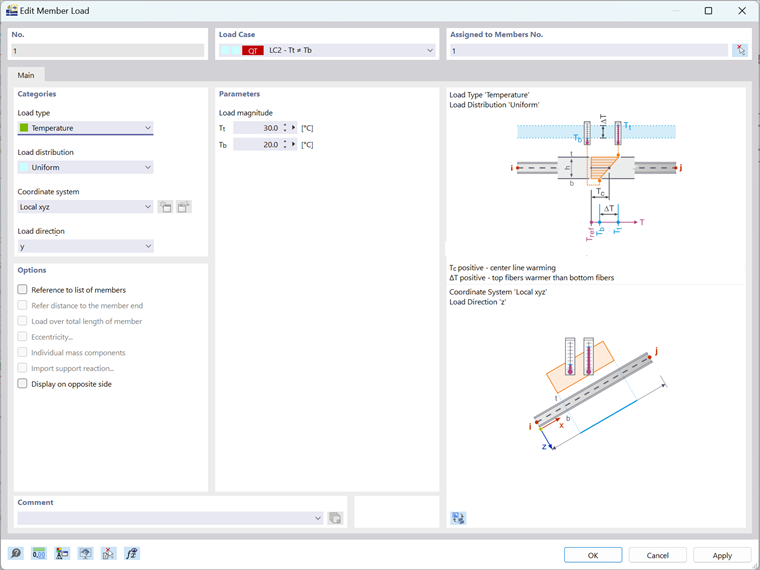 La imagen representa la función de carga de temperatura de RFEM 6, mostrando la configuración para el ajuste de temperatura superior e inferior del componente.