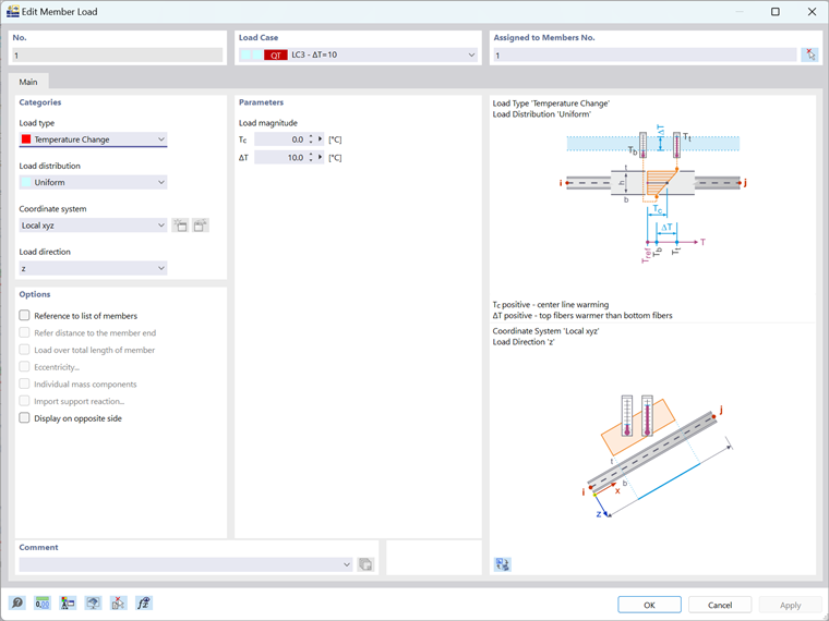 Demostración de la simulación de flexión de vigas con RFEM 6 mediante la definición de diferencia de temperatura ΔT entre la parte superior e inferior.