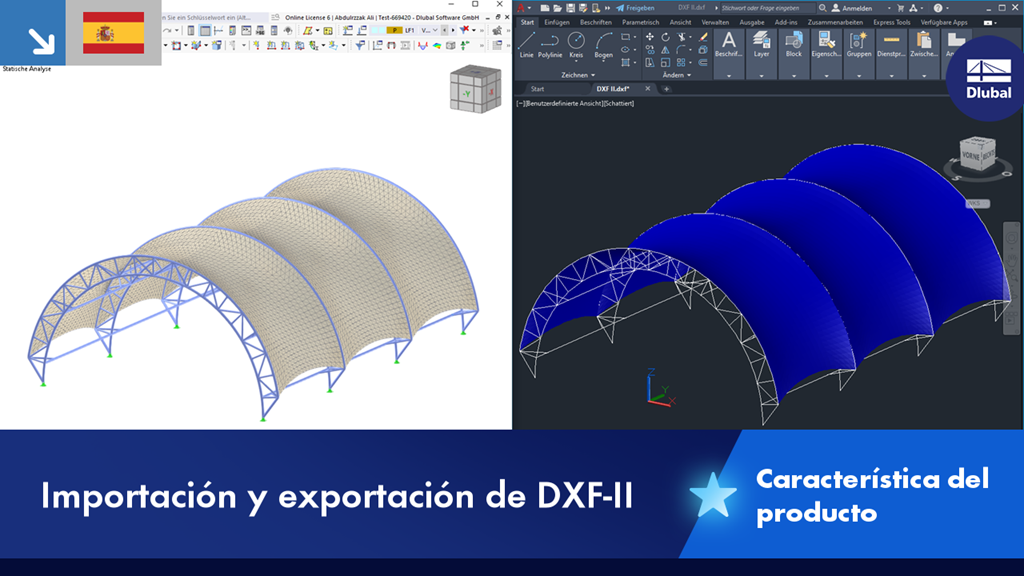 Visualización de las posibilidades de importación y exportación DXF en el software con un modelo de ejemplo.