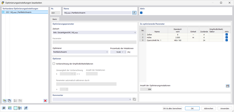 Cuadro de diálogo Configuración de optimización para controlar e iniciar el proceso de optimización en el software.