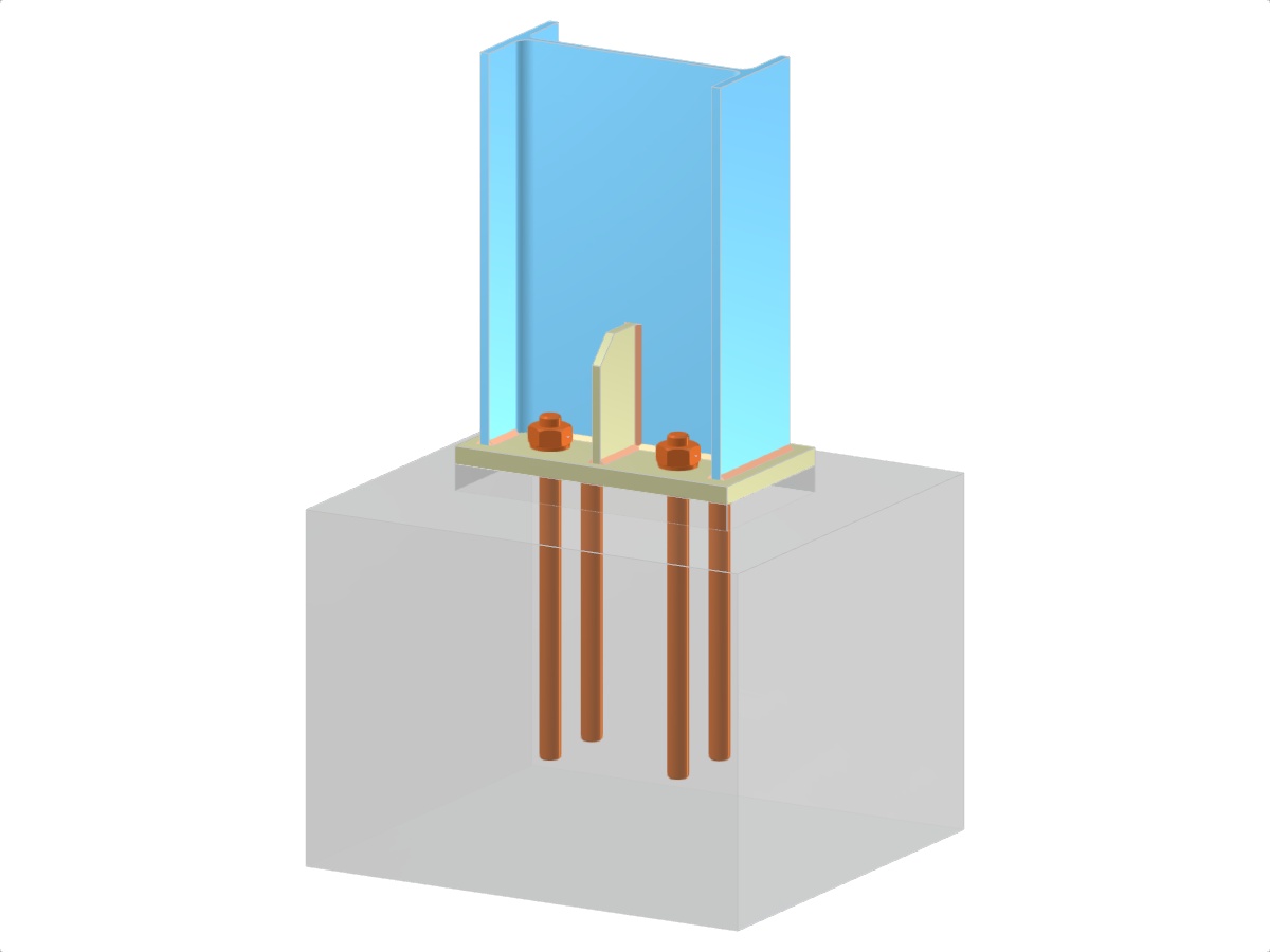 Modelo estructural de una base de pilar con placa base, nervios y una sección en I con componentes de anclaje
