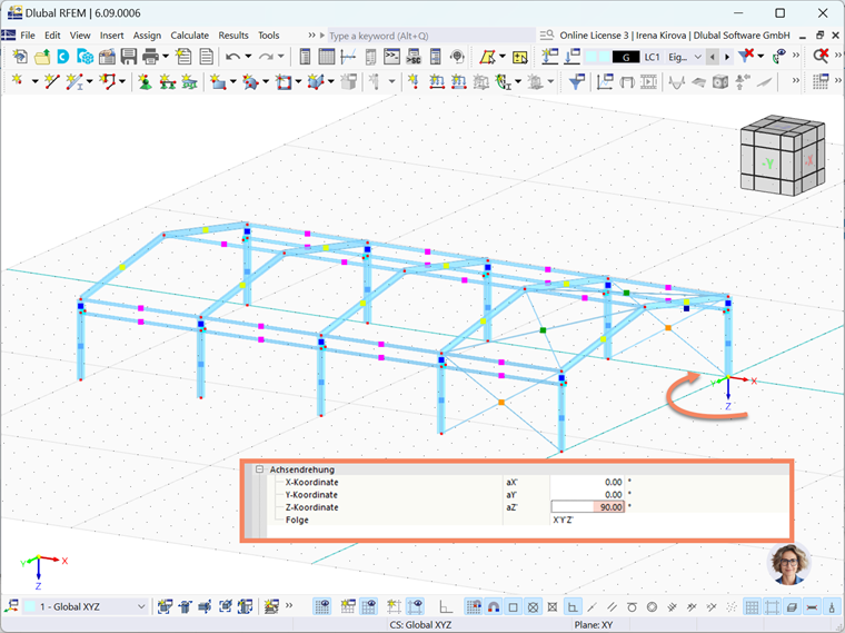 Ilustración de la rotación de ejes y el proceso de exportación en software de diseño técnico