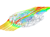 Simulación 3D de flujo de viento en un entorno urbano, que ilustra las interacciones del viento con edificios y estructuras.