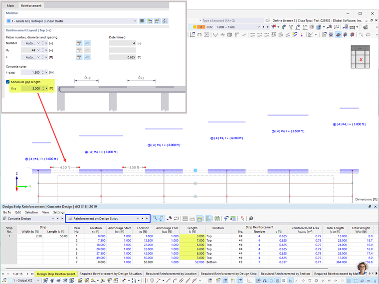 Visualization of reinforcement on design strips in a structural model, showcasing detailed distribution and arrangement of reinforcement bars.