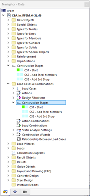 Área de navegación con selección de casos y combinaciones de carga. Visualización clara de valores de entrada estructural en edificación.