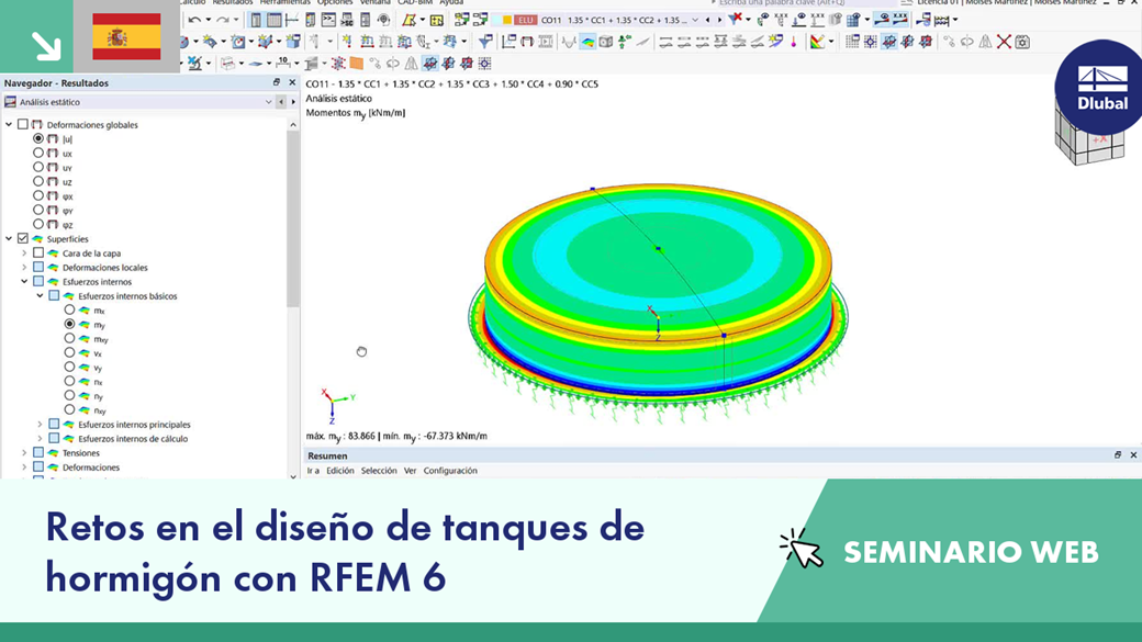 Vista del modelo de un tanque de hormigón utilizando RFEM 6 en un webinario.